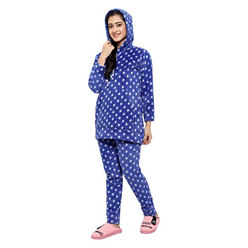 CIERGE Women's Woollen Abstract Print Star Pattern Hoodie Night Suit (Free Size , Blue) - Image 2