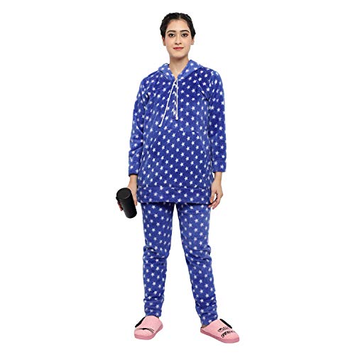 CIERGE Women's Woollen Abstract Print Star Pattern Hoodie Night Suit (Free Size , Blue) - Image 4