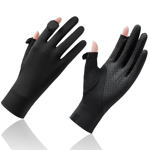 Massmot Sun Protection Gloves for Women, Non-Slip Touch Screen Sun Gloves, Breathable Silk Cooling Gloves, Outdoor Full Finger Gloves for Cycling Driving Fishing, Breathable and Lightweight (Black) - Image 1