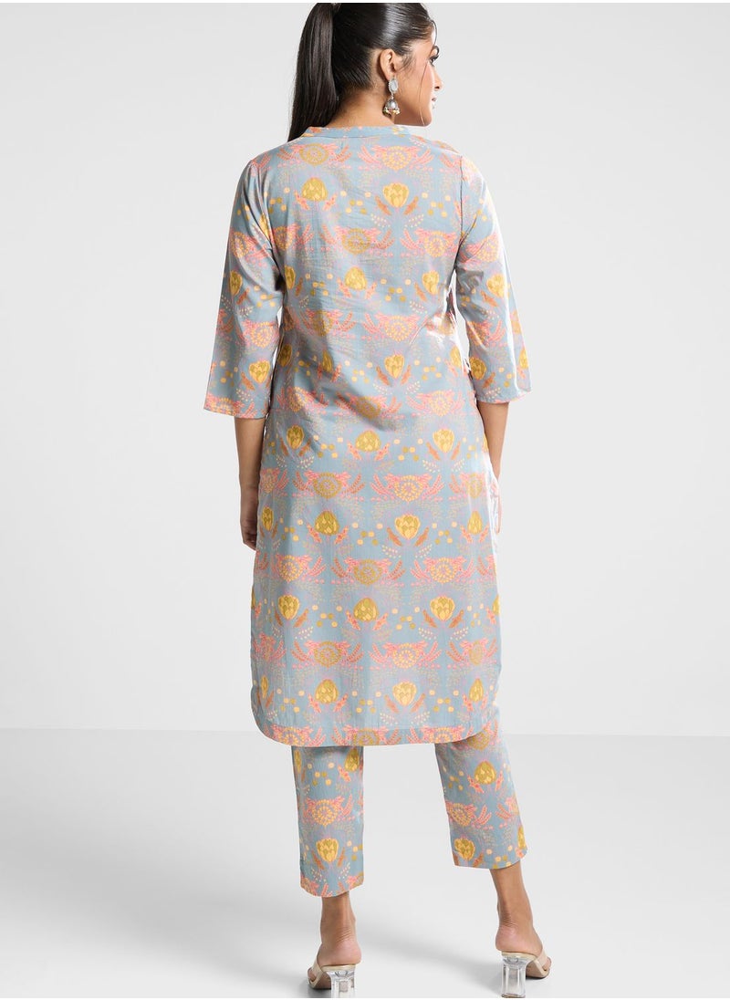 Fabindia - Floral Printed Kurti and Pants Set - Image 1
