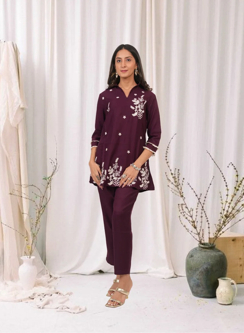 Lehar Plum Purple Embroidered Co-Ord Set