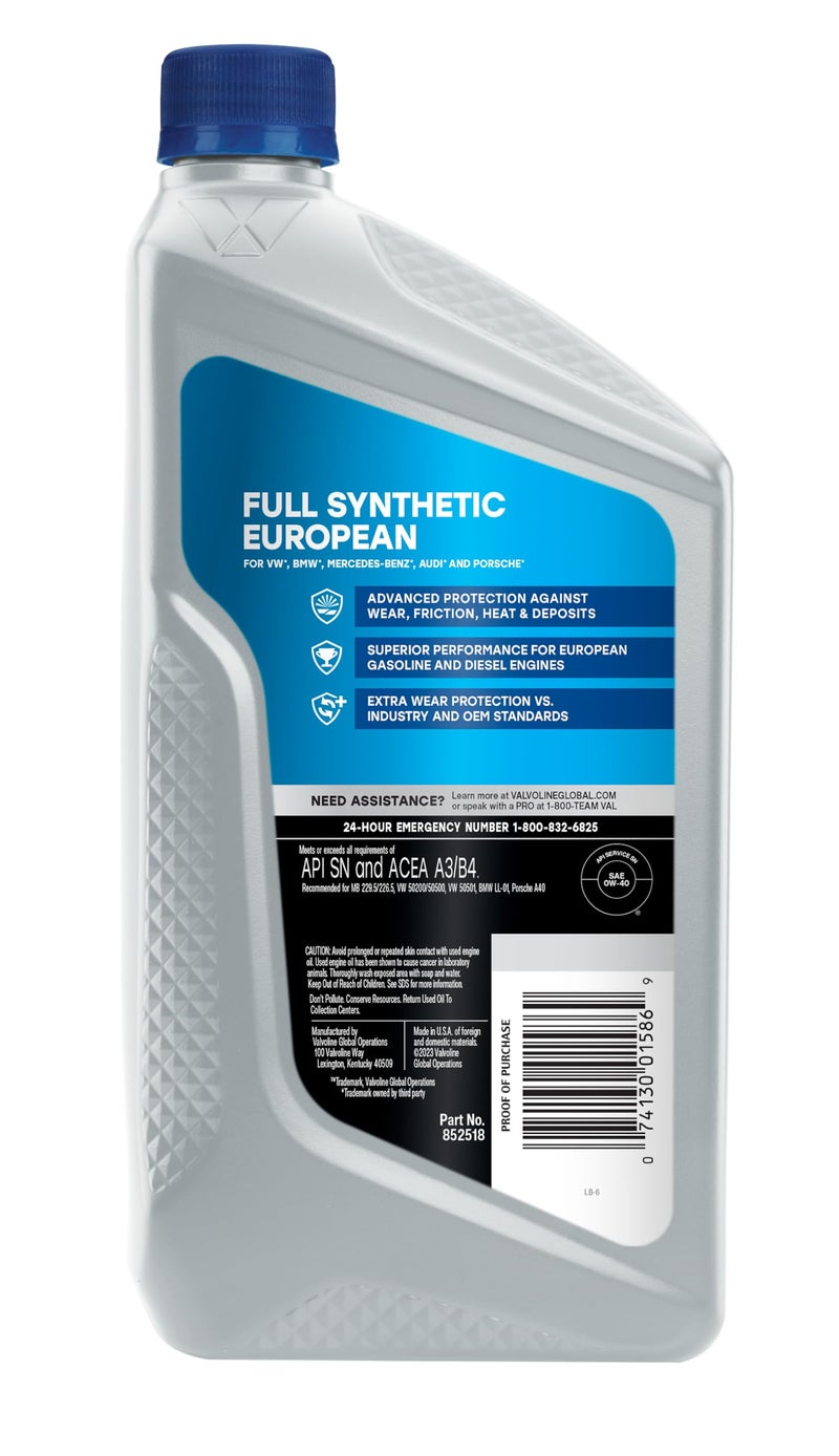 Valvoline زيت محرك فالفولين الاصطناعي الكامل SAE 0W-40 للسيارات الأوروبية 1 QT - Image 2