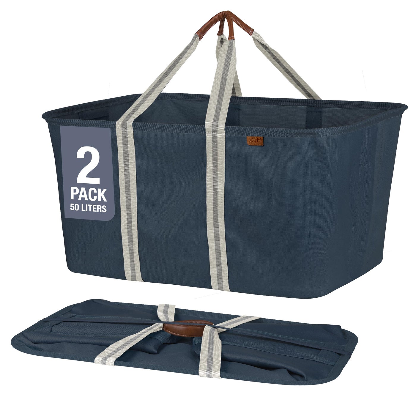 CleverMade Collapsible Laundry Tote 2-Pack (50L) â€“ Foldable Carry-All Storage Bin for Laundry, Car Trunk, RV, Dorm & Home Organization â€“ LUXE Cotton Blend with Vegan Leather Accents, Navy
