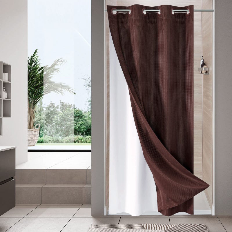 MitoVilla Brown Waffle Small Stall Shower Curtain 36 x 74  No Hooks Required Half Size Narrow Fabric Shower Curtain Set with Snap-in Liner for Modern Bathroom Decor  Dark Brown - Image 1
