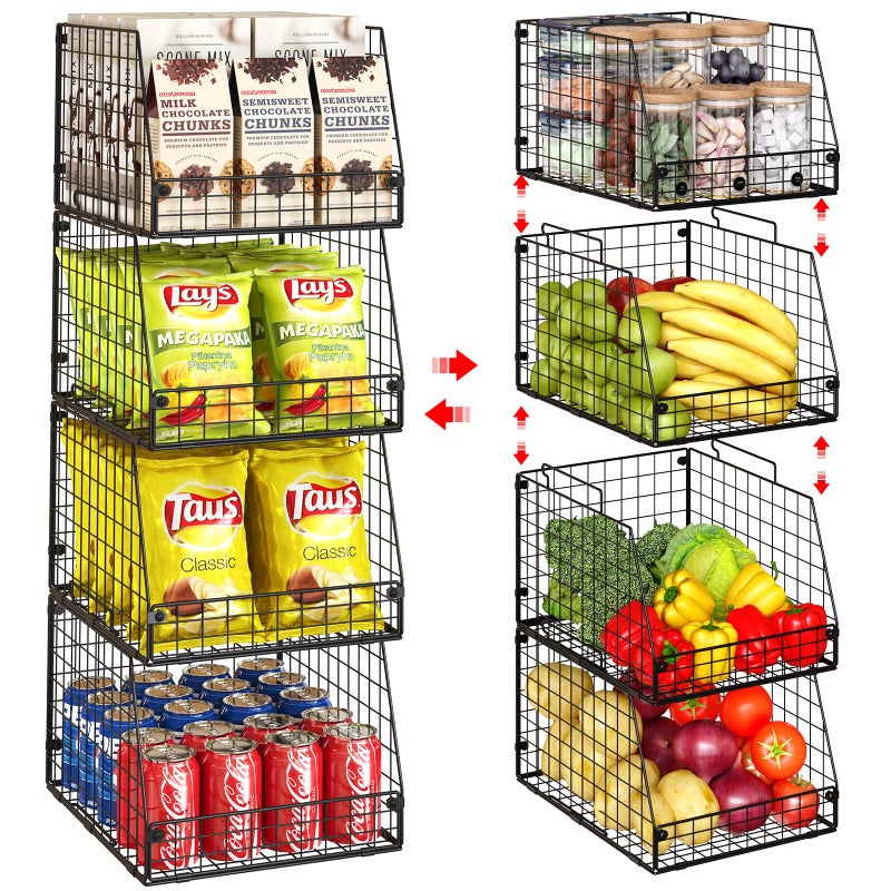 Jakyitvi 4 Pack XXL Stackable Wire Storage Basket, Extra Large Capacity Pantry Organizer, Multi-Purpose for Fruit, Vegetable, Toy & Snack Storage, Black Metal - Image 1