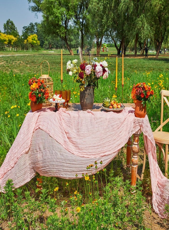 DOLOPL 2 Pieces Pink Cheesse Cloth Table Runners 10FT for Bridal Shower Decorations Blush Pink Cheesecloth Table Runner Wedding Runner for Wedding Baby Shower Birthday Boho Table Decorations - Image 4