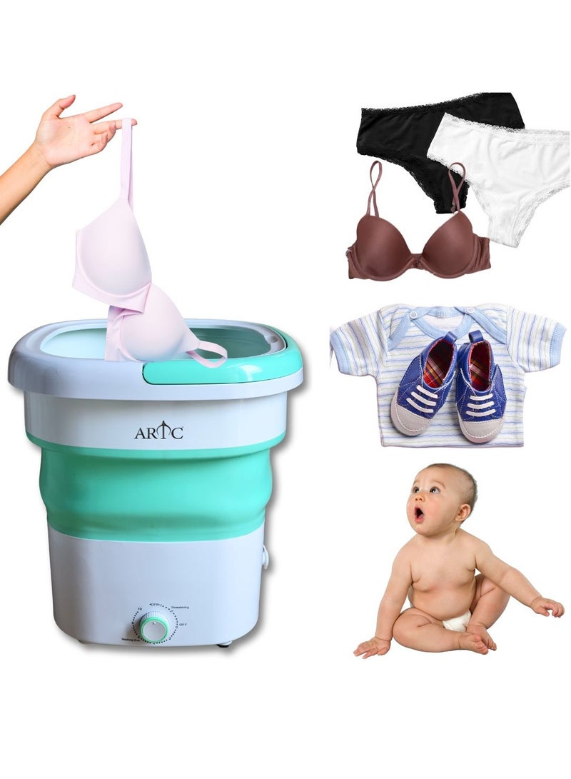 ARTC ARTC High Quality Portable Mini Washing Machine Folding Type, Foldable Washer and Dryer 1.8kg With Small Foldable Drain Basket for Underwear, Socks, Baby Clothes Green/White  - Image 2