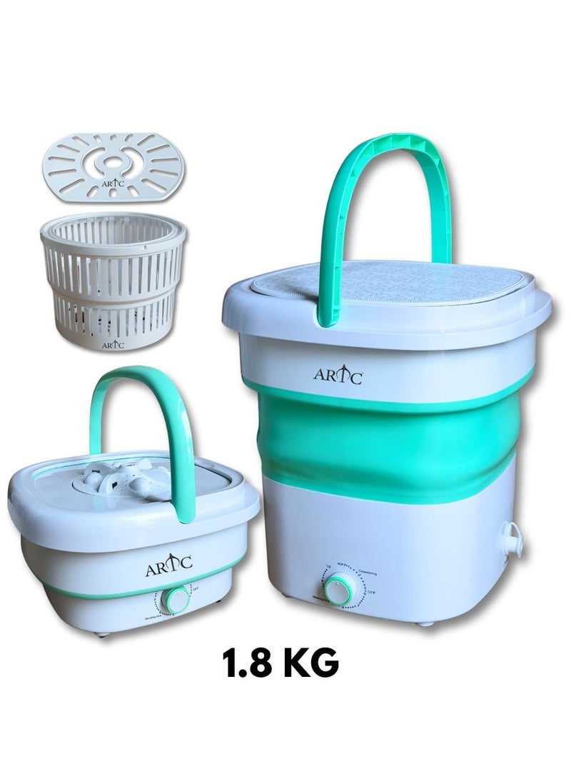 ARTC ARTC High Quality Portable Mini Washing Machine Folding Type, Foldable Washer and Dryer 1.8kg With Small Foldable Drain Basket for Underwear, Socks, Baby Clothes Green/White  - Image 3