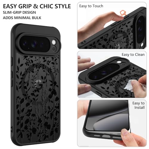 ZIYE Magnetic Case for Google Pixel 10 Pro 6.3 Inch [Compatible with MagSafe] Hard PC and Soft TPU Case with Black Floral Flowers Anti-Scratch Shockproof Protection Phone Cover for Women - Image 4