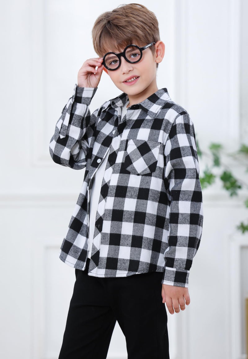 SANGTREE Boys Flannel Shirt Long Sleeve Button Down Plaid Shirt Black White, 10-11 Years = Tag 170 - Image 4