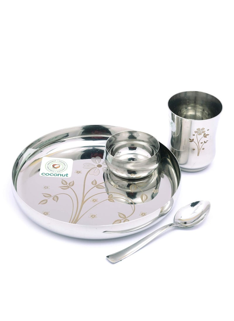 Coconut Coconut Stainless Steel Kids Laser Dinner Set (1-Plate,1-Glass, 1-Bowl & 1- Spoon) 4 Pieces - Silver, Diameter - 7.5 Inches  - Image 2