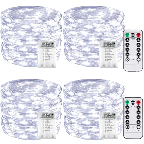 BOSSERN 4 Pack 60 LED Fairy Lights Battery Operated with Remote 8 Modes String Lights Indoor Outdoor Cuttable Battery Light for Home Bedroom Wedding DIY Centerpiece Christmas Decorations Cool White - Image 1