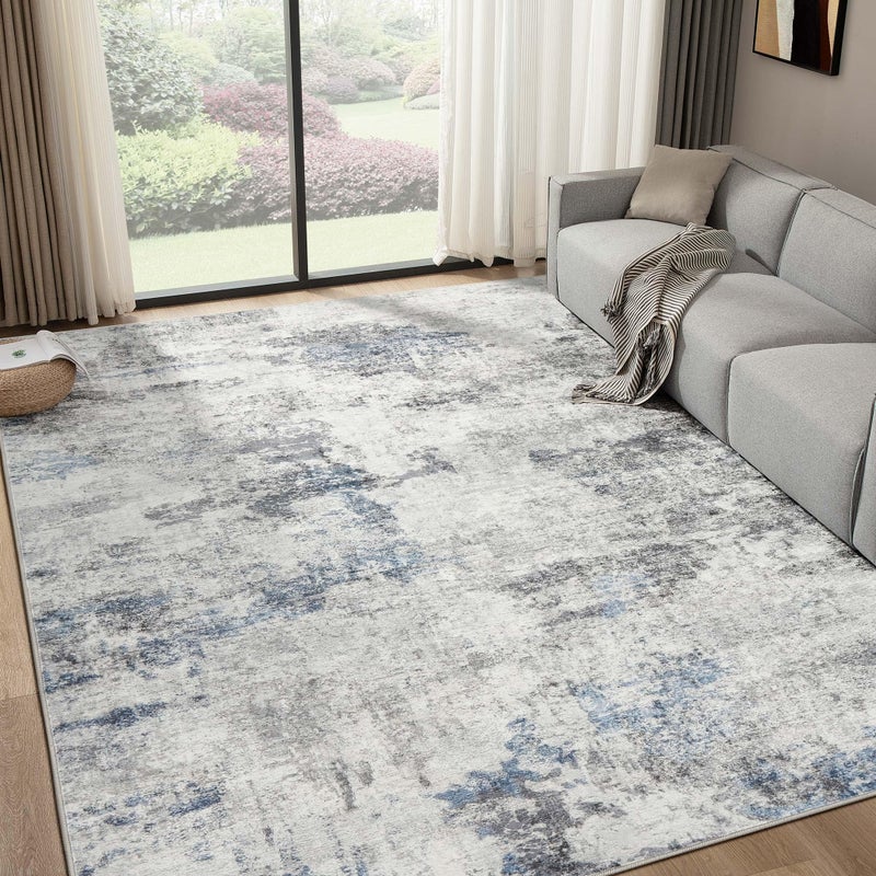 DMOYEST 5x7 Washable Area Rug for Living Room,Non Slip Abstract Rugs,Modern Soft Low Pile Carpet for Bedroom,Dining Room,Home Office - Grey Blue - Image 3