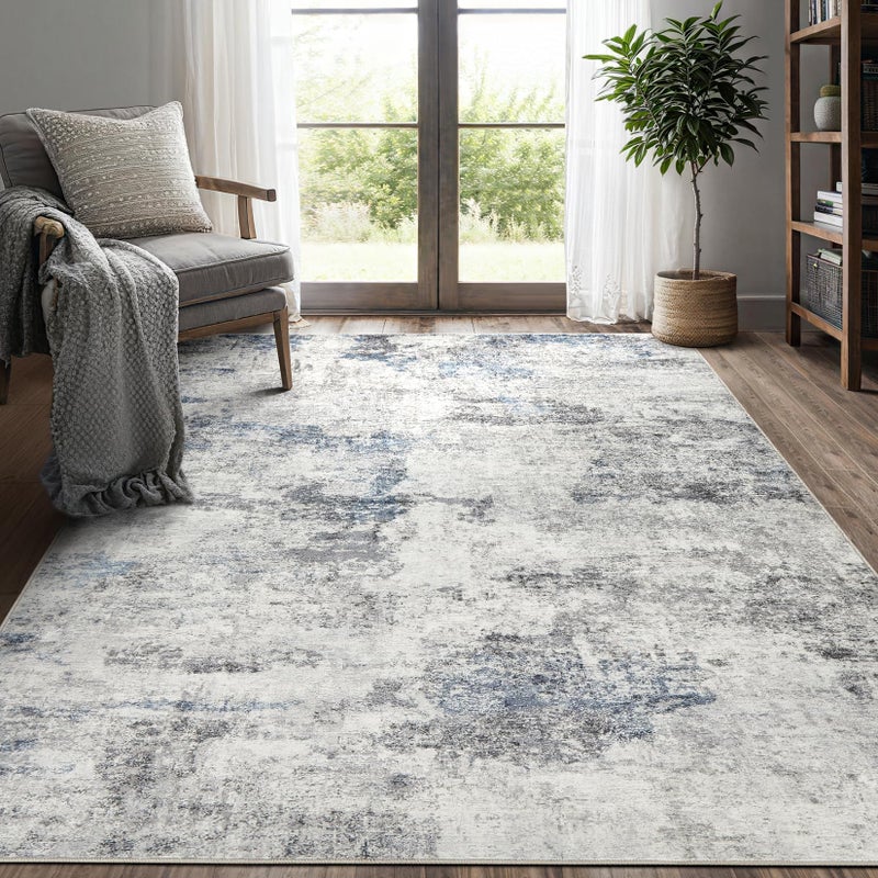DMOYEST 5x7 Washable Area Rug for Living Room,Non Slip Abstract Rugs,Modern Soft Low Pile Carpet for Bedroom,Dining Room,Home Office - Grey Blue - Image 1