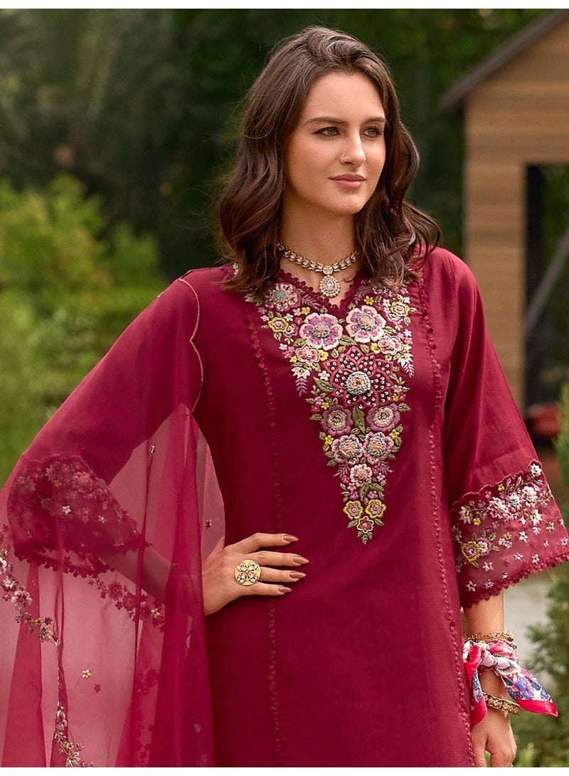 Ameya Maroon-embroidered-straight-cotton-blend-suit-set-with-dupatta - Image 1