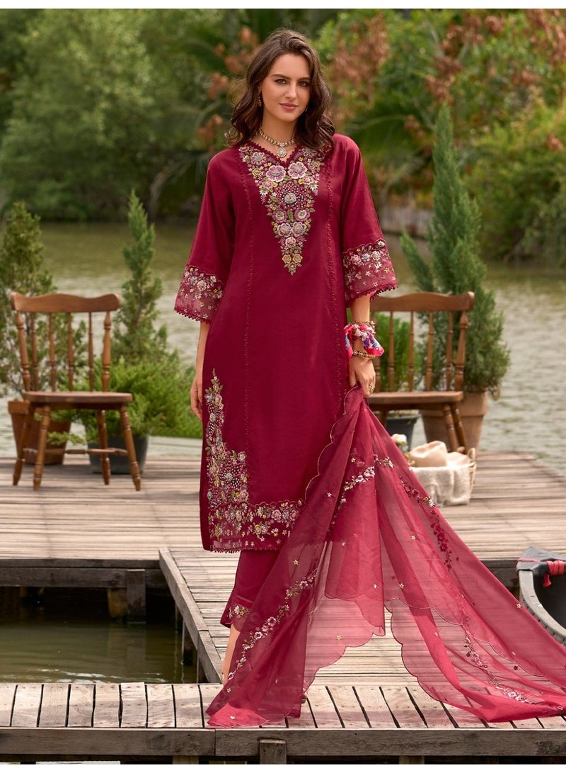 Ameya Maroon-embroidered-straight-cotton-blend-suit-set-with-dupatta - Image 3