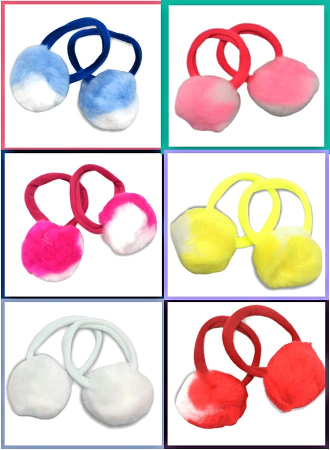Quarya Rubber Bands Pompom Fur Hairbands Fluffy Furry Elastic Ball Bands Pony Tail Holders For Girls Kids Babies Hair Accessories (6 Multicolour Pairs) - Image 1