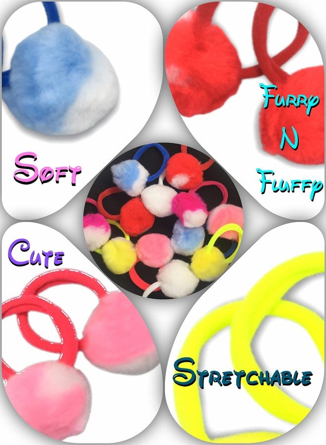 Quarya Rubber Bands Pompom Fur Hairbands Fluffy Furry Elastic Ball Bands Pony Tail Holders For Girls Kids Babies Hair Accessories (6 Multicolour Pairs) - Image 3