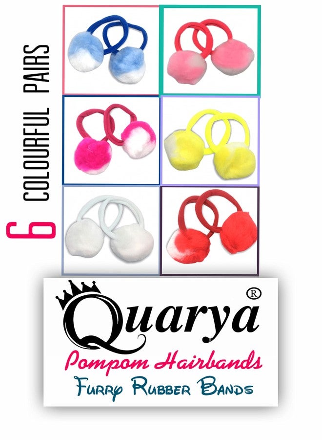 Quarya Rubber Bands Pompom Fur Hairbands Fluffy Furry Elastic Ball Bands Pony Tail Holders For Girls Kids Babies Hair Accessories (6 Multicolour Pairs) - Image 5