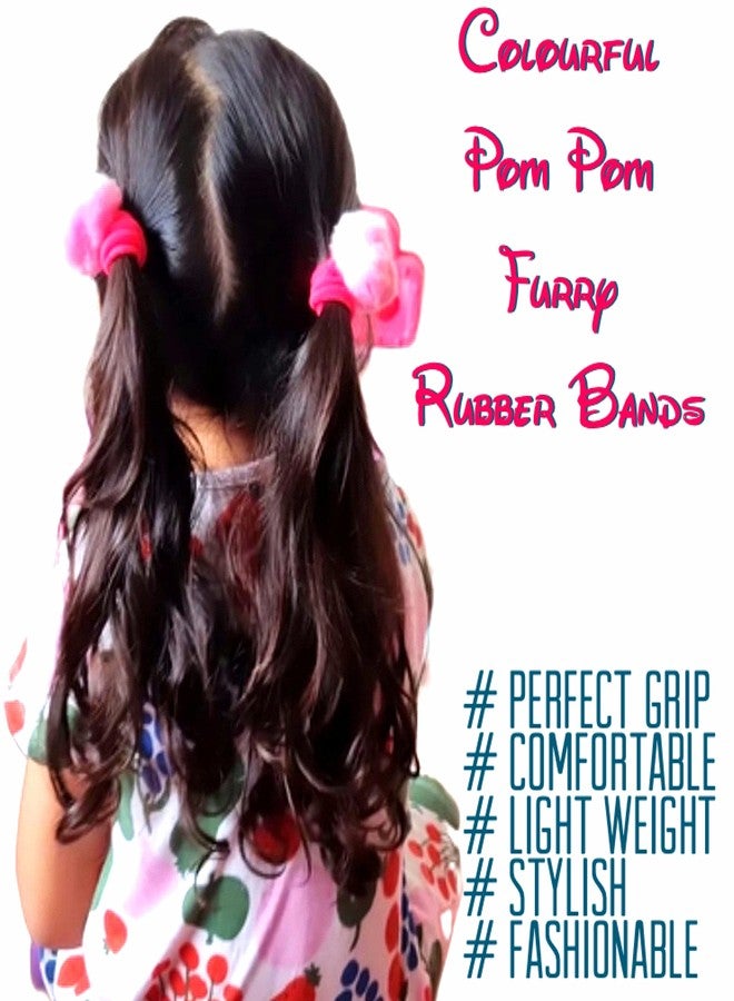 Quarya Rubber Bands Pompom Fur Hairbands Fluffy Furry Elastic Ball Bands Pony Tail Holders For Girls Kids Babies Hair Accessories (6 Multicolour Pairs) - Image 4