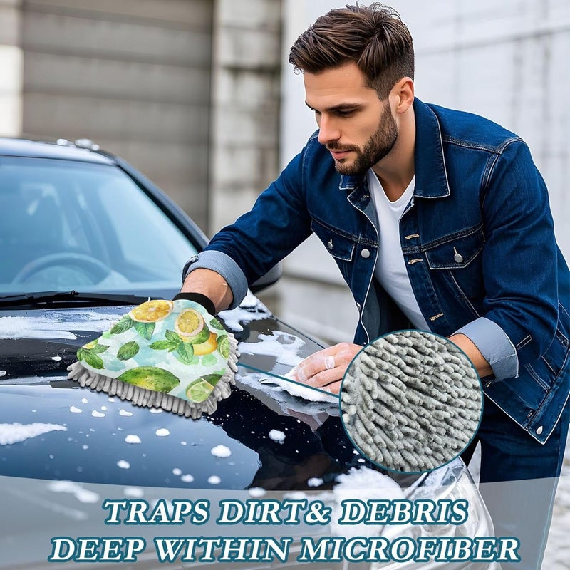 Lemon Microfiber Car Wash Mitt 2PK Car Interior Exterior Cleaning Gloves Anti-Scratch Rich Foam High Absorbent Chenille Wash Mitt Perfect for Cars Washing and Detailing(L) - Image 4