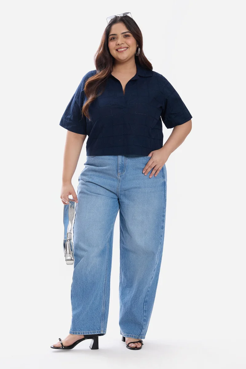 فيرجيو Self Design Cotton Notch Placket Boxy Plus Size Shirt for Women