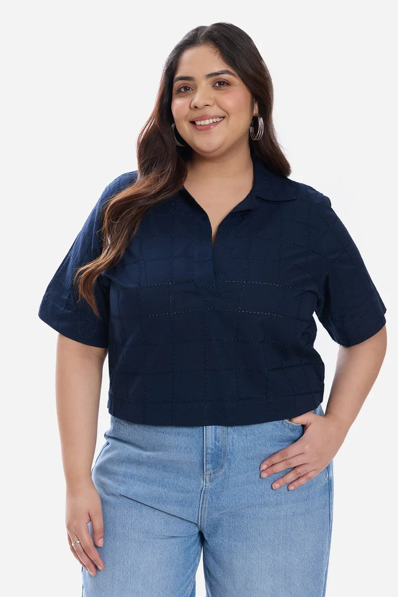 Virgio Self Design Cotton Notch Placket Boxy Plus Size Shirt for Women