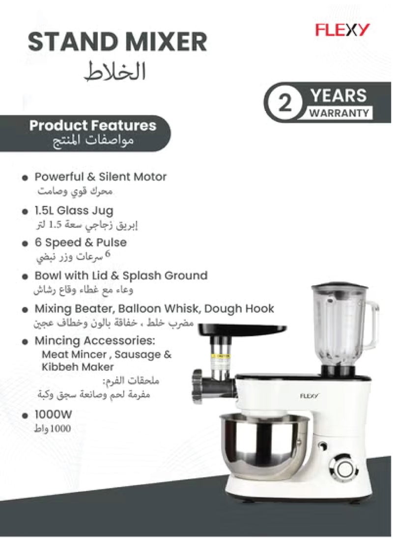 Flexy - Flexy 3 In 1 Stand Mixer and Food Processor 4.8L 1000W with Meat Mincer Blender 1.5L Glass Jug 6 Speed Pulse Function 3 Aluminum Whisks Bowl with Lid and Splash Guard - Image 1