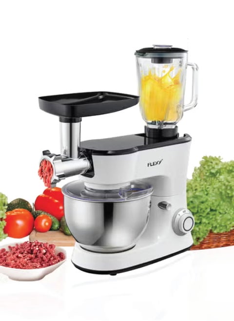 Flexy 3 In 1 Stand Mixer and Food Processor 4.8L 1000W with Meat Mincer Blender 1.5L Glass Jug 6 Speed Pulse Function 3 Aluminum Whisks Bowl with Lid and Splash Guard