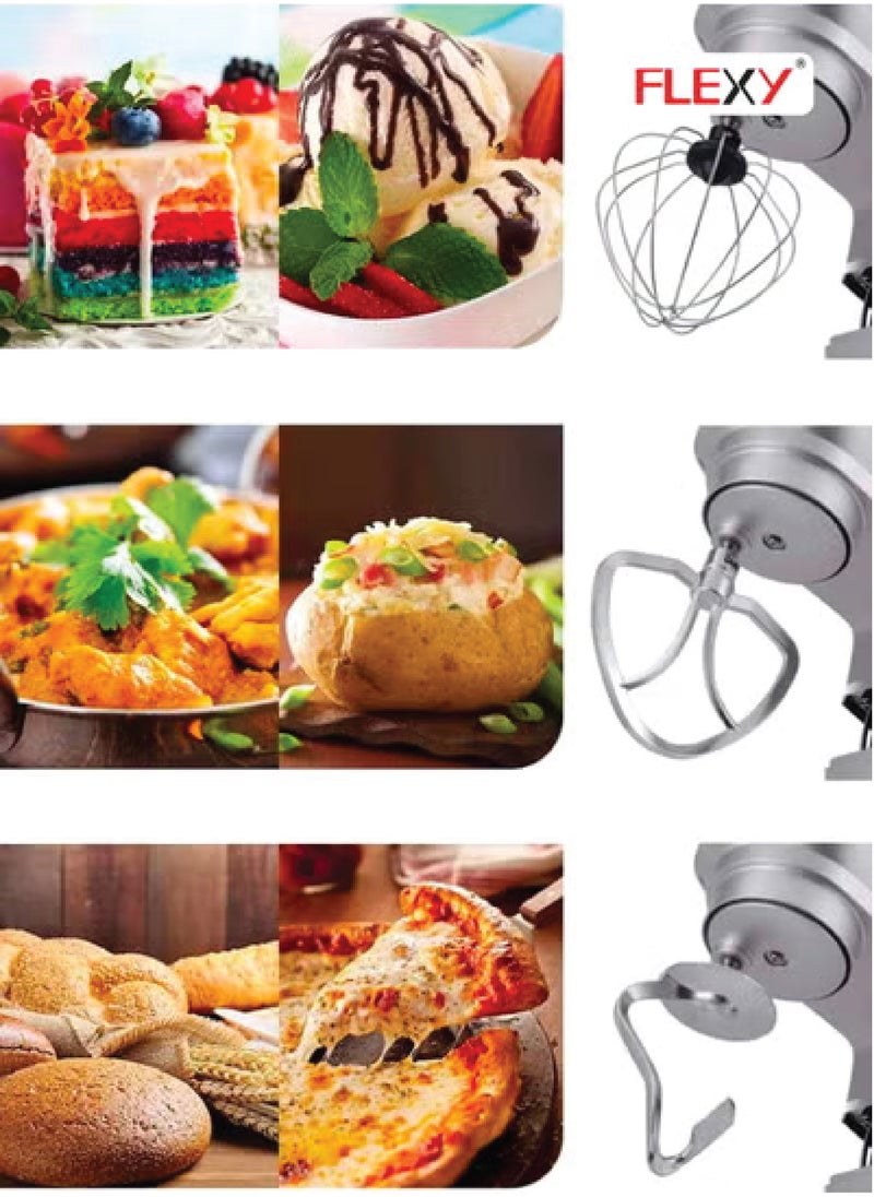 Flexy Flexy 3 In 1 Stand Mixer and Food Processor 4.8L 1000W with Meat Mincer Blender 1.5L Glass Jug 6 Speed Pulse Function 3 Aluminum Whisks Bowl with Lid and Splash Guard  - Image 4