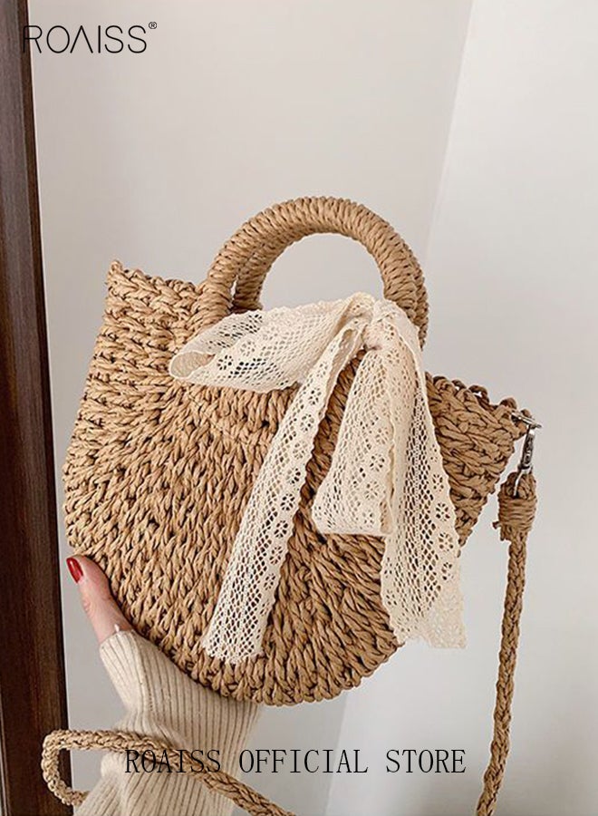 roaiss Women Straw Woven Shoulder Bag Summer Beach Travel Crossbody Handbag Classics Satchel Purse Woven Handbags Women Straw Tote Bag with Zip Woven Basket Bags - Image 2