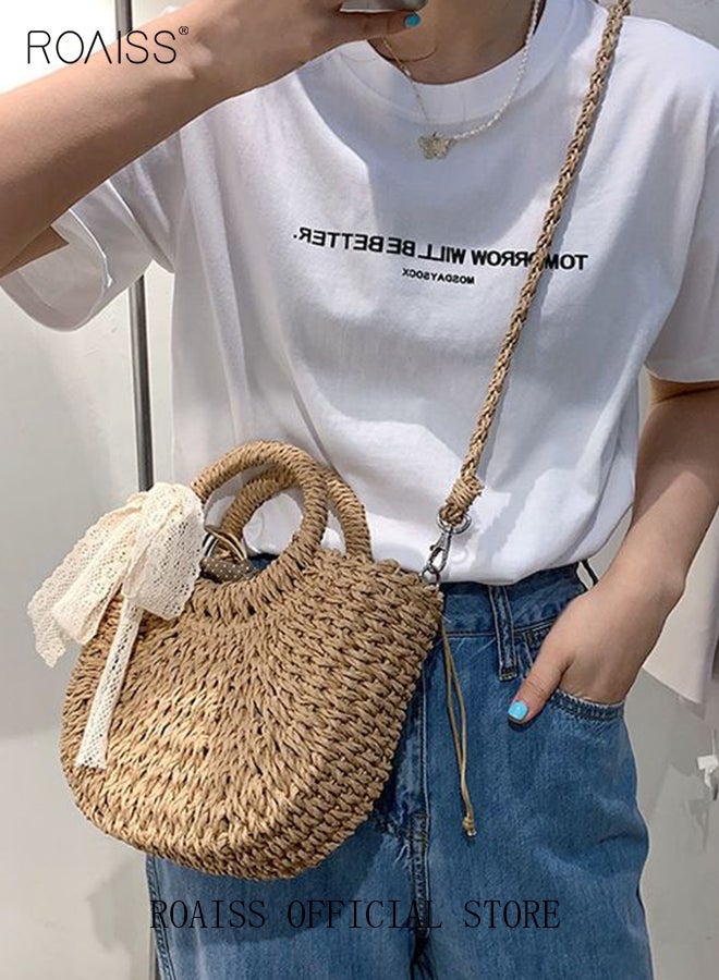 roaiss Women Straw Woven Shoulder Bag Summer Beach Travel Crossbody Handbag Classics Satchel Purse Woven Handbags Women Straw Tote Bag with Zip Woven Basket Bags - Image 5