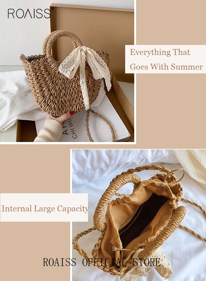 roaiss Women Straw Woven Shoulder Bag Summer Beach Travel Crossbody Handbag Classics Satchel Purse Woven Handbags Women Straw Tote Bag with Zip Woven Basket Bags - Image 3