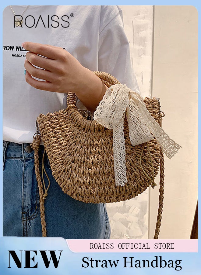 roaiss Women Straw Woven Shoulder Bag Summer Beach Travel Crossbody Handbag Classics Satchel Purse Woven Handbags Women Straw Tote Bag with Zip Woven Basket Bags - Image 1