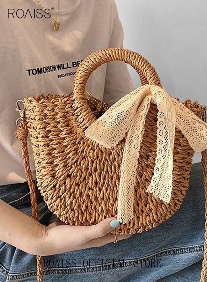 roaiss Women Straw Woven Shoulder Bag Summer Beach Travel Crossbody Handbag Classics Satchel Purse Woven Handbags Women Straw Tote Bag with Zip Woven Basket Bags - Image 4