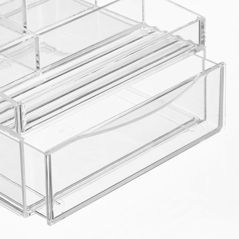 mDesign Plastic Divided Makeup Organizer Holder Bin with Front Drawer for Bathroom Vanity, Countertop Storage - Cosmetic Organization Holds Palettes, Brushes, Accessories - Cadi Collection - Clear - Image 5