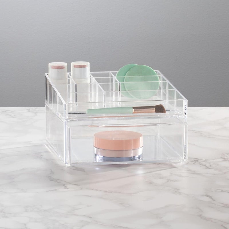 mDesign Plastic Divided Makeup Organizer Holder Bin with Front Drawer for Bathroom Vanity, Countertop Storage - Cosmetic Organization Holds Palettes, Brushes, Accessories - Cadi Collection - Clear - Image 2