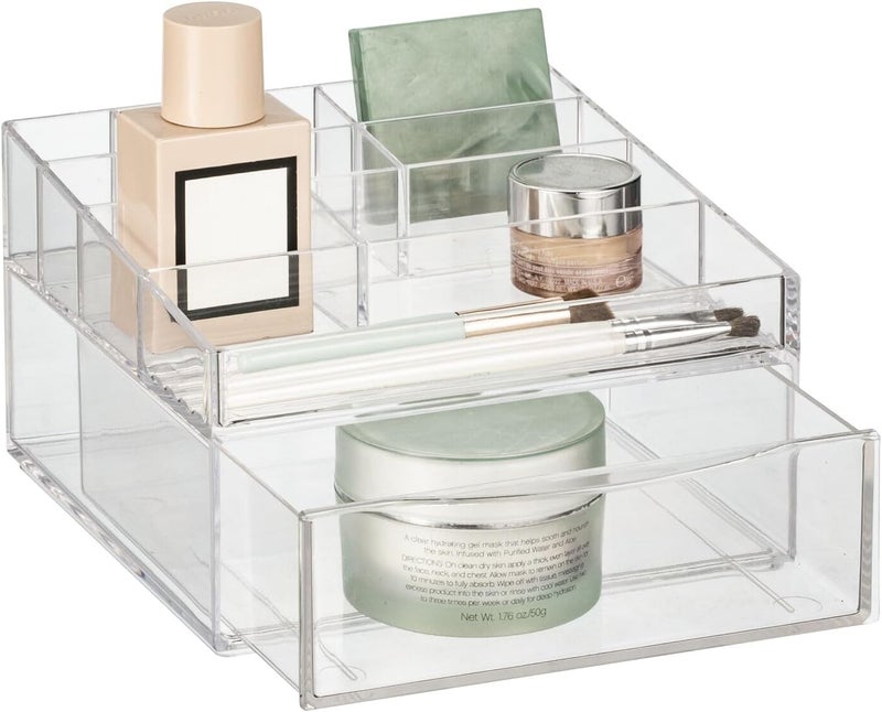 mDesign Plastic Divided Makeup Organizer Holder Bin with Front Drawer for Bathroom Vanity, Countertop Storage - Cosmetic Organization Holds Palettes, Brushes, Accessories - Cadi Collection - Clear - Image 1