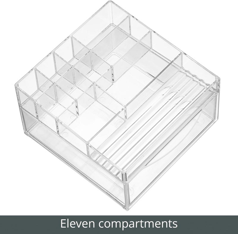 mDesign Plastic Divided Makeup Organizer Holder Bin with Front Drawer for Bathroom Vanity, Countertop Storage - Cosmetic Organization Holds Palettes, Brushes, Accessories - Cadi Collection - Clear - Image 4