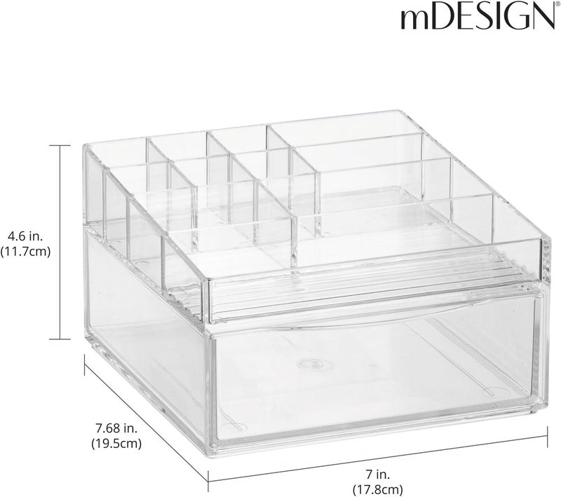 mDesign Plastic Divided Makeup Organizer Holder Bin with Front Drawer for Bathroom Vanity, Countertop Storage - Cosmetic Organization Holds Palettes, Brushes, Accessories - Cadi Collection - Clear - Image 3