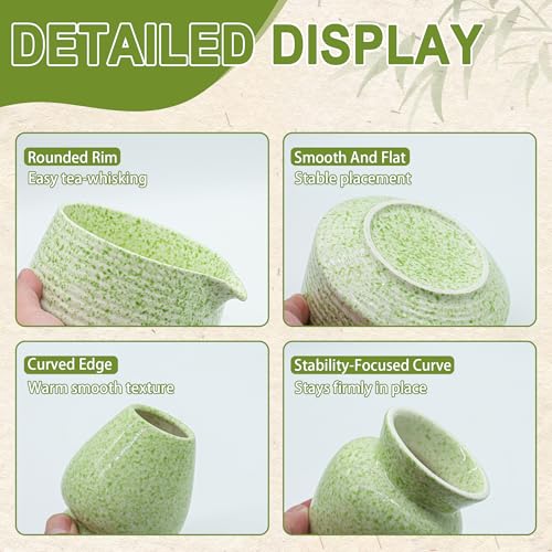 BEWOS 8 Pcs Matcha Whisk Set - 18OZ Ceramic Bowl with Spout, Matcha Sifter, Matcha Whisk Holder & Bamboo Matcha Whisk | Matcha Scoop, Complete Japanese Tea Ceremony Kit for Matcha Lover(Mottled Green) - Image 3