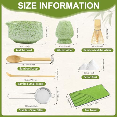 BEWOS 8 Pcs Matcha Whisk Set - 18OZ Ceramic Bowl with Spout, Matcha Sifter, Matcha Whisk Holder & Bamboo Matcha Whisk | Matcha Scoop, Complete Japanese Tea Ceremony Kit for Matcha Lover(Mottled Green) - Image 2