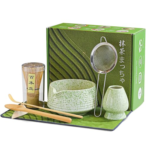 BEWOS 8 Pcs Matcha Whisk Set - 18OZ Ceramic Bowl with Spout, Matcha Sifter, Matcha Whisk Holder & Bamboo Matcha Whisk | Matcha Scoop, Complete Japanese Tea Ceremony Kit for Matcha Lover(Mottled Green) - Image 1