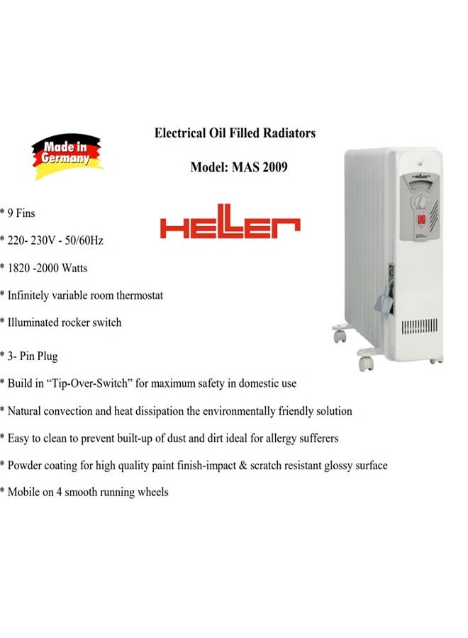 Oil Filled Radiator Heater 9 Fins 2000W, White, Made in Germany | MAS2009
