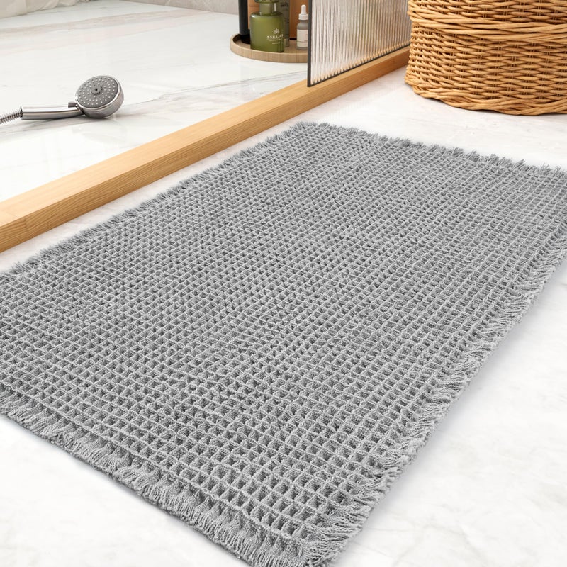 tchdio Waffle Bath Mat Rug Super Absorbent Non Slip Bath Mats for Bathroom Mat Ultra Soft Bathmat Machine Washable Bathroom Rugs with Tassels Bath Rugs Beside Tub 17 x 24 Light Grey - Image 2