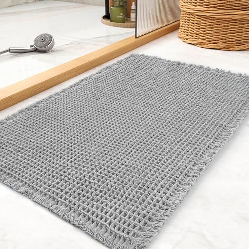 tchdio Waffle Bath Mat Rug Super Absorbent Non Slip Bath Mats for Bathroom Mat Ultra Soft Bathmat Machine Washable Bathroom Rugs with Tassels Bath Rugs Beside Tub 17 x 24 Light Grey - Image 1