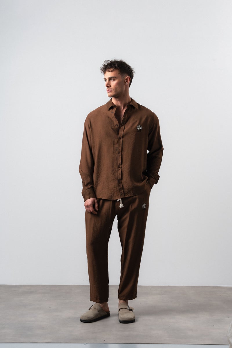 RESPIRE Men's Linen Oversize Shirt and Pants Suit, Coffee - Image 1