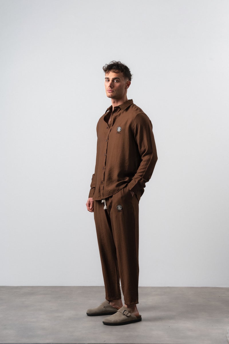 RESPIRE Men's Linen Oversize Shirt and Pants Suit, Coffee - Image 4