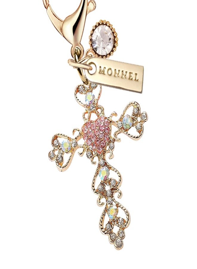 MONNEL MC319 Crystal Big Cross Lobster Clasp Charm for Women with Velvet Bag (Pink,1 Piece) - Image 2