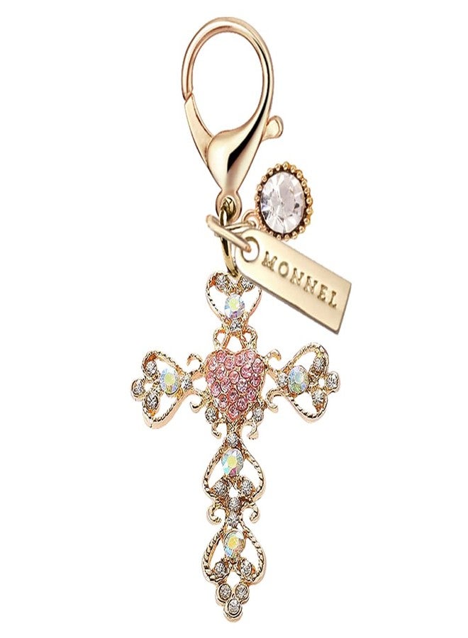 MONNEL MC319 Crystal Big Cross Lobster Clasp Charm for Women with Velvet Bag (Pink,1 Piece) - Image 1